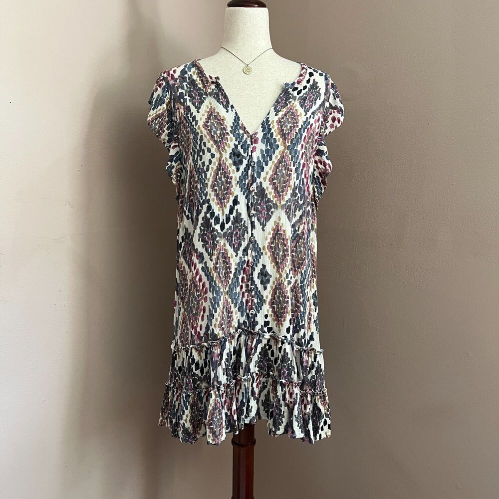 Lovestitch Boho Ikat Print Tiered Mini Dress Flutter Sleeve Cottage Vacation M